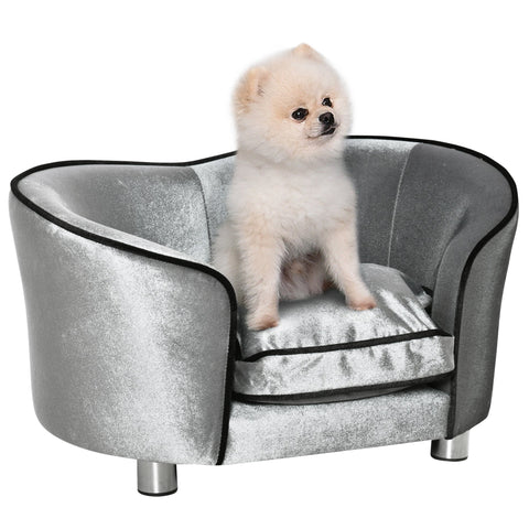 Silver glittery velvet pawhut dog sofa with black trim metallic legs perfect for miniature dogs and kittens
