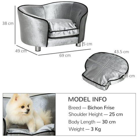 Silver velvet dog sofa with black trim and metallic legs perfect for miniature dogs by pawhut