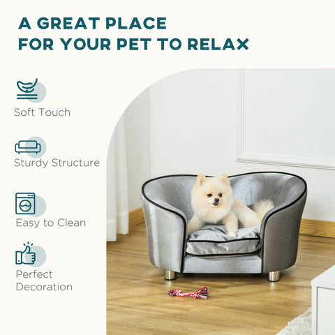 Silver velvet dog sofa with black trim and metallic legs perfect for miniature dogs by PawHut