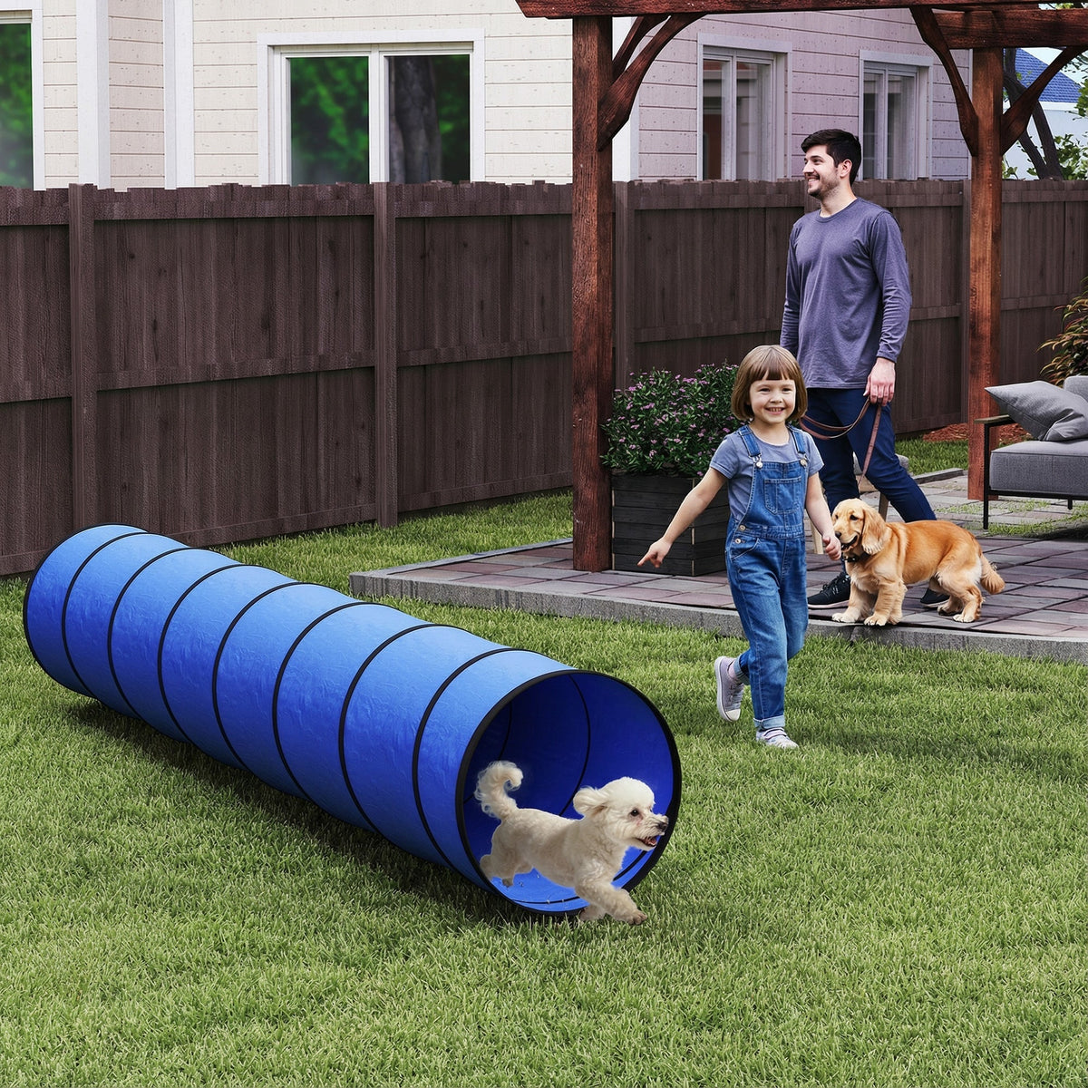 Blue pawhut dog agility tunnel made of tear-resistant oxford cloth for outdoor play with 4 pegs and carry bag