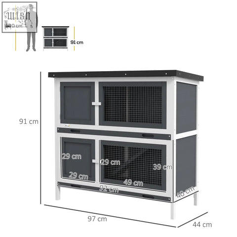Two-tiered gray and white pawhut rabbit hutch made of fir wood with four lockable doors and two slide-out trays for outdoor use