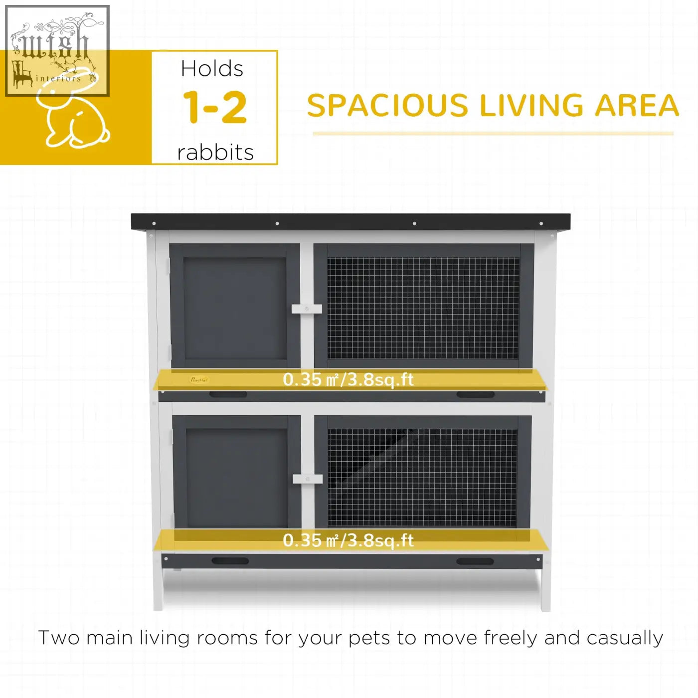 Two-tiered grey pawhut rabbit hutch with fir wood frame, four lockable doors, black mesh, yellow shelves, and two slide-out trays