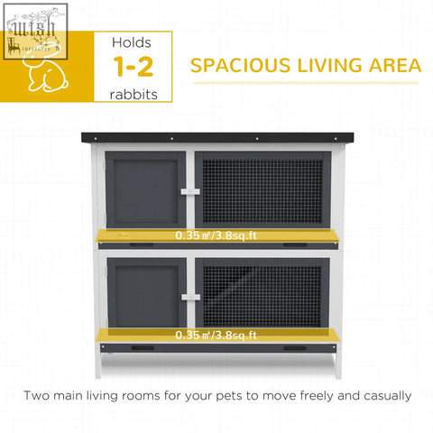 Two-tiered grey pawhut rabbit hutch with fir wood frame, four lockable doors, black mesh, yellow shelves, and two slide-out trays