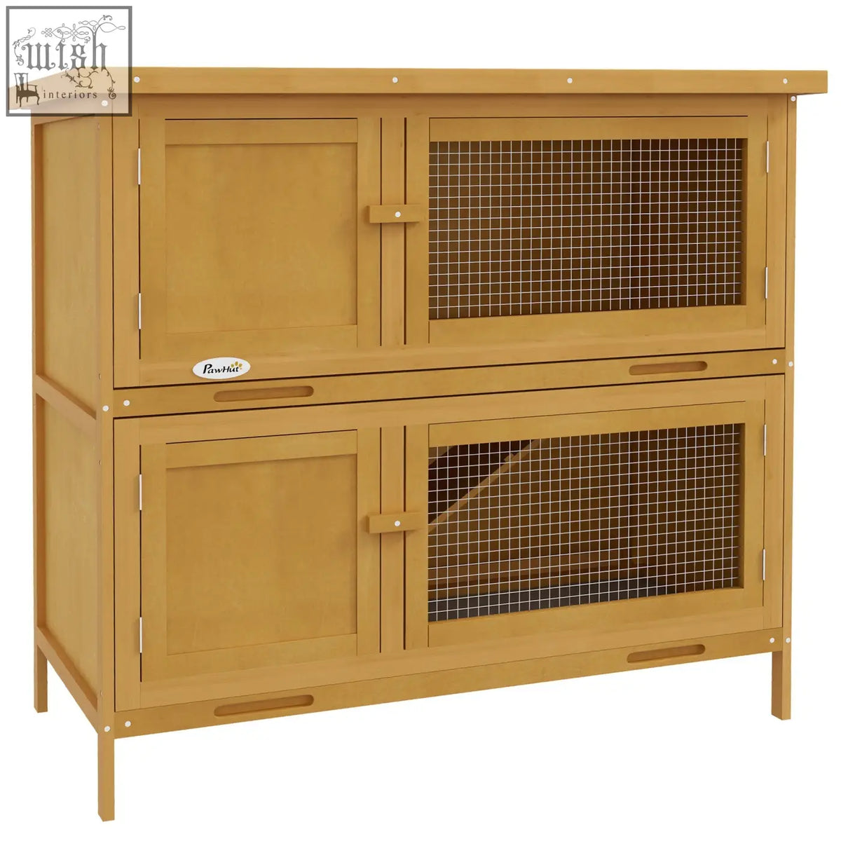 Tan fir wood double decker rabbit hutch with four lockable doors and openable roof for outdoor pets