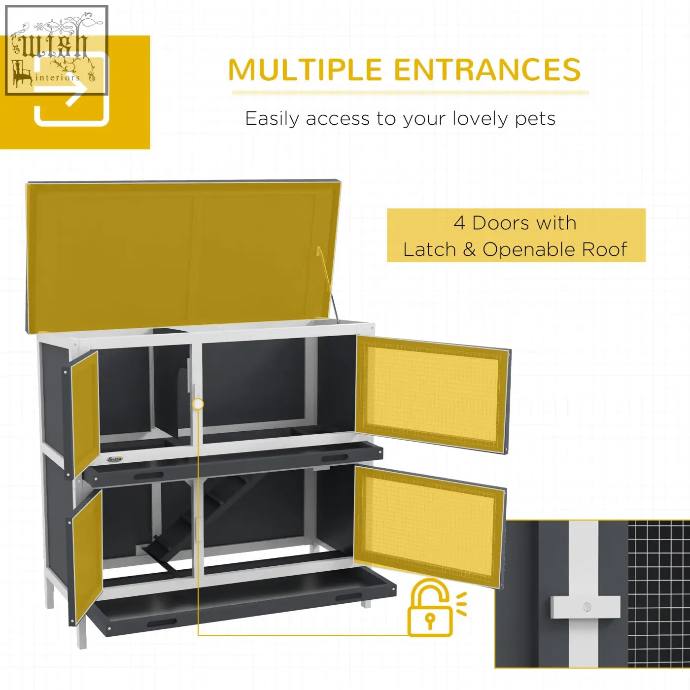 Pawhut double decker pet cage in black and yellow fir wood with four lockable doors and two slide out trays for rabbits and guinea pigs
