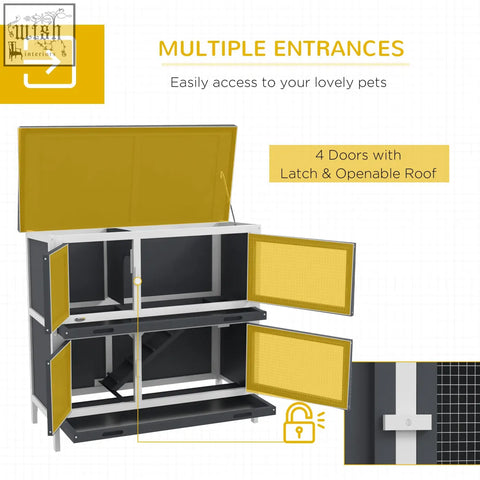 Pawhut double decker pet cage in black and yellow fir wood with four lockable doors and two slide out trays for rabbits and guinea pigs
