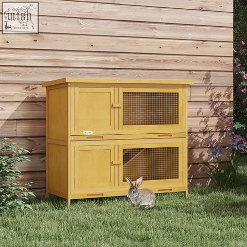 Yellow fir wood pawhut double decker rabbit hutch with mesh panels four lockable doors and openable roof