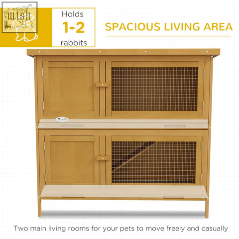 Light brown fir wood double decker rabbit hutch with four lockable doors and openable roof for outdoor use