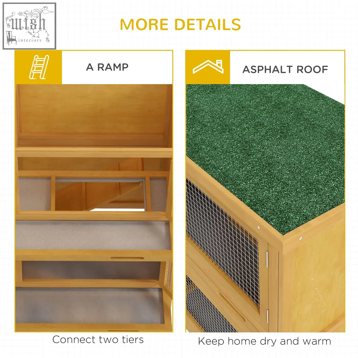 Pawhut double decker wooden rabbit hutch in yellow with fir wood, four lockable doors, openable roof, and asphalt roof ramp