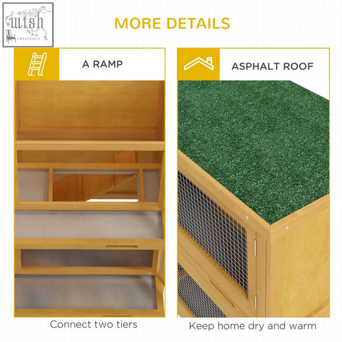 Pawhut double decker wooden rabbit hutch in yellow with fir wood, four lockable doors, openable roof, and asphalt roof ramp