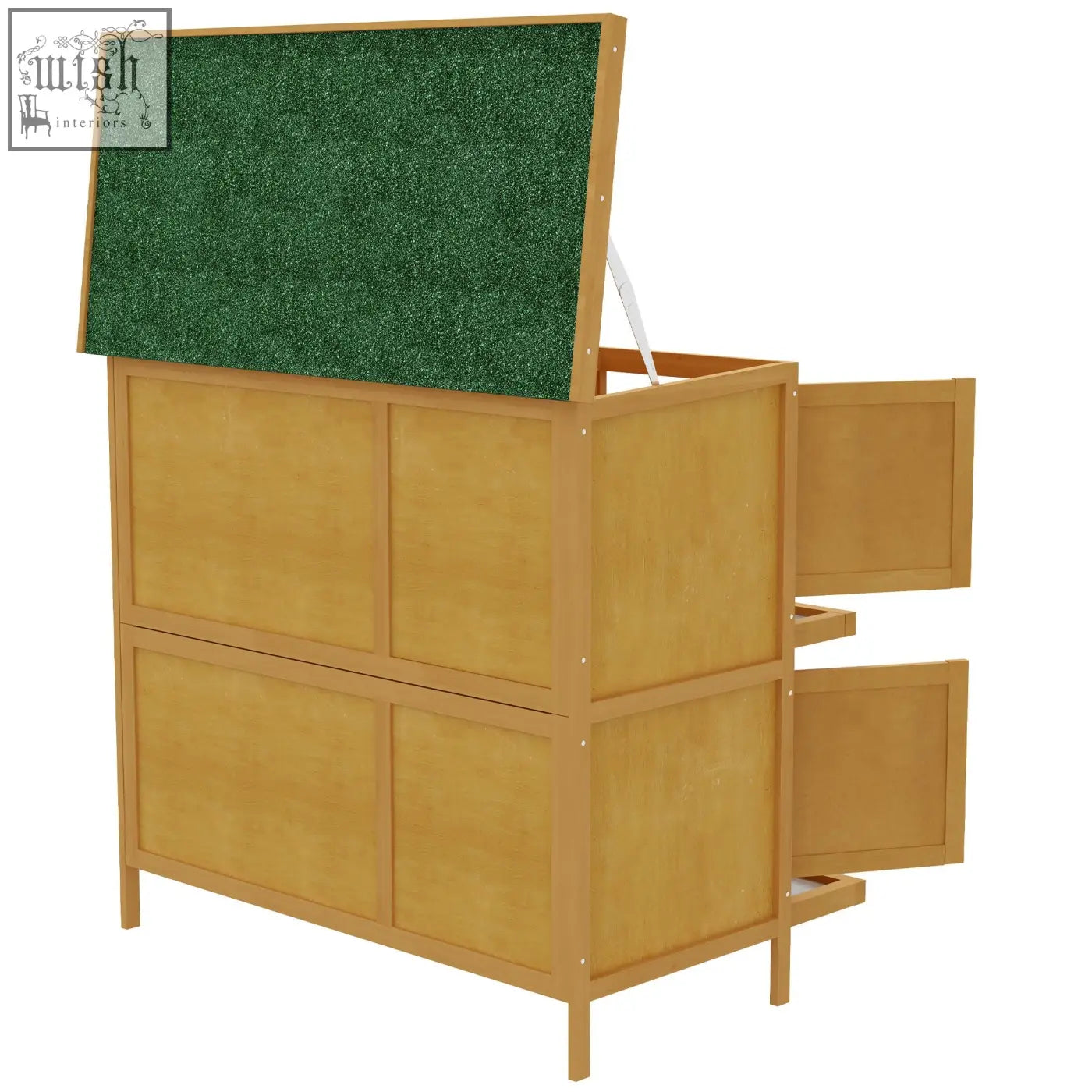Pawhut double decker rabbit hutch in yellow fir wood with green grass-like openable roof and four lockable doors