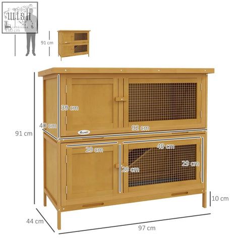 Light brown fir wood double decker rabbit hutch with four lockable doors and openable roof for outdoor pets