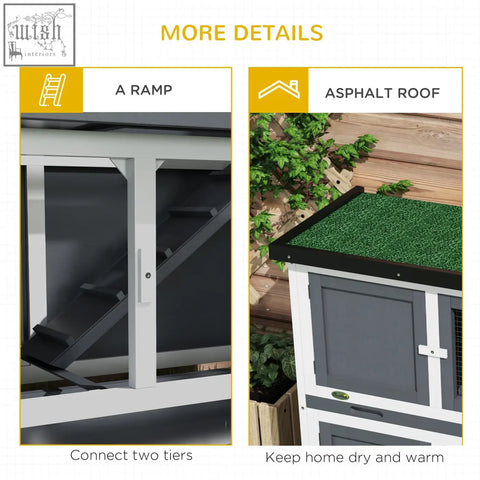 Gray and white pawhut double decker rabbit hutch with fir wood, asphalt roof, four lockable doors, and two slide-out trays