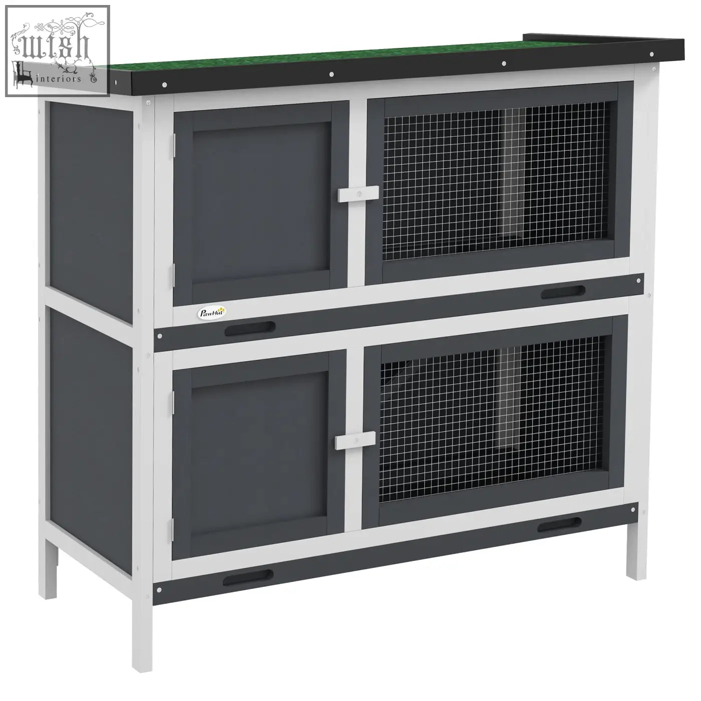 Two-tiered gray pawhut rabbit hutch with fir wood frame, wire mesh, four lockable doors, and two slide-out trays