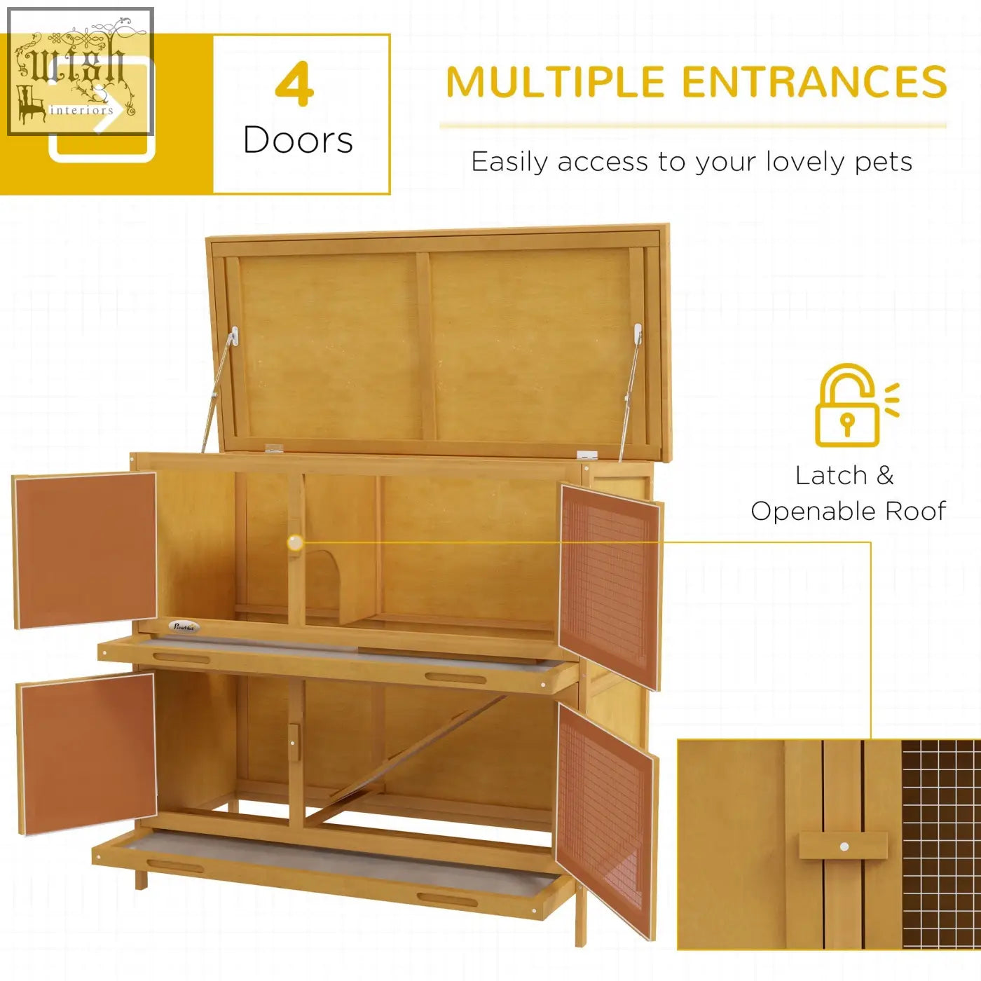 Pawhut double decker rabbit hutch in light brown fir wood with four lockable doors and openable roof for outdoor use