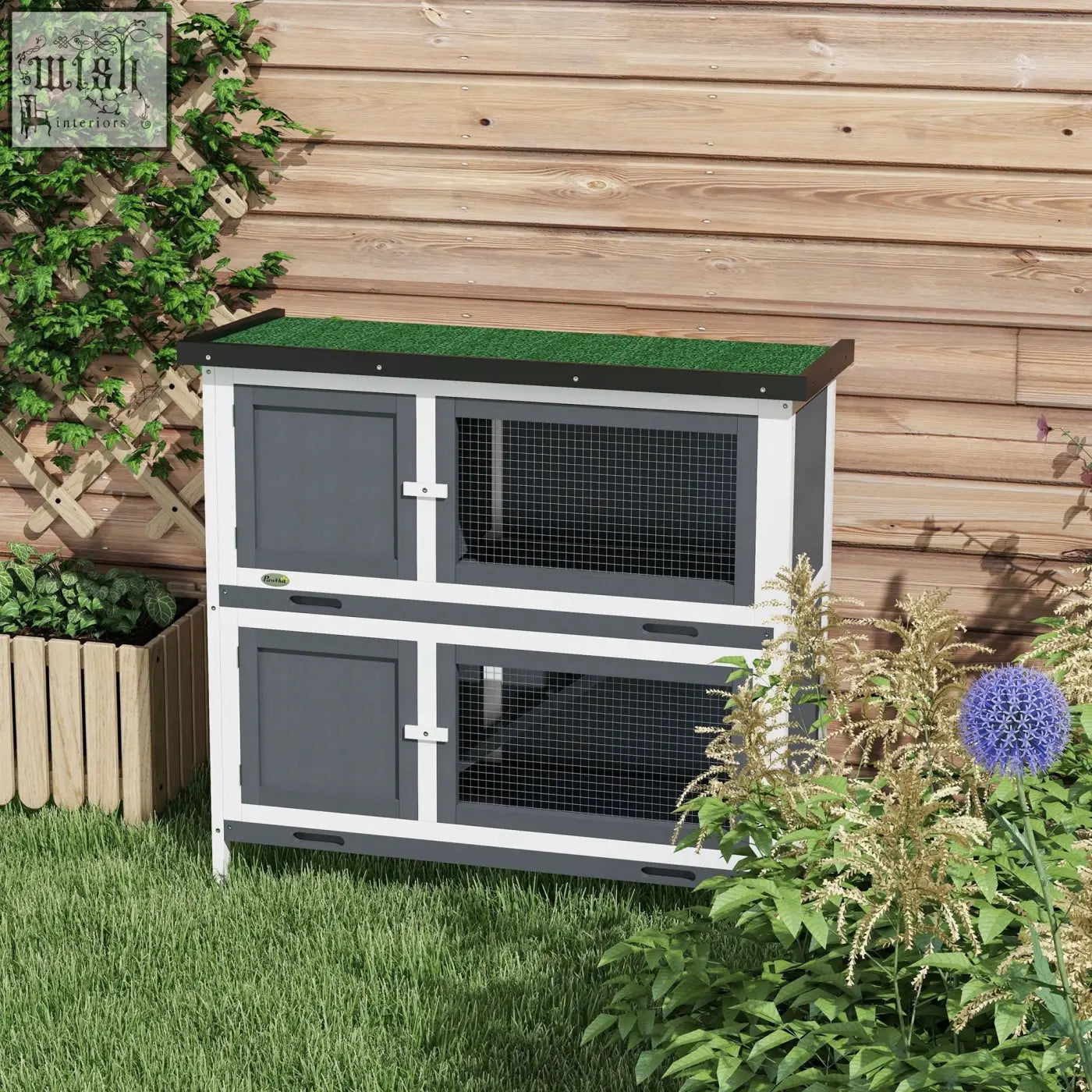 Pawhut double decker rabbit hutch in grey fir wood with black wire mesh, four lockable doors, two slide-out trays outdoors