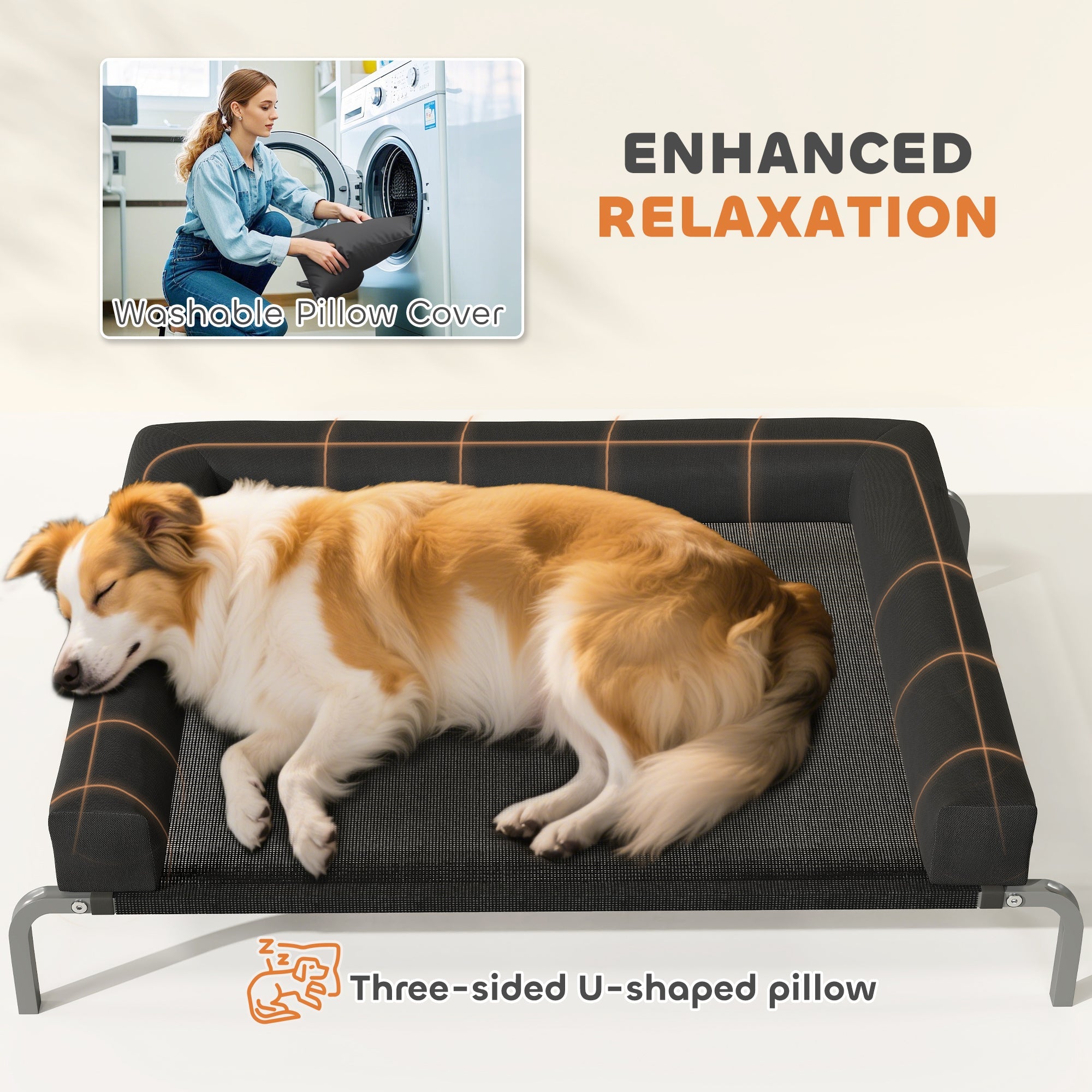 Black three-sided u-shaped elevated dog bed with mesh surface and orange stitching for indoor and outdoor use