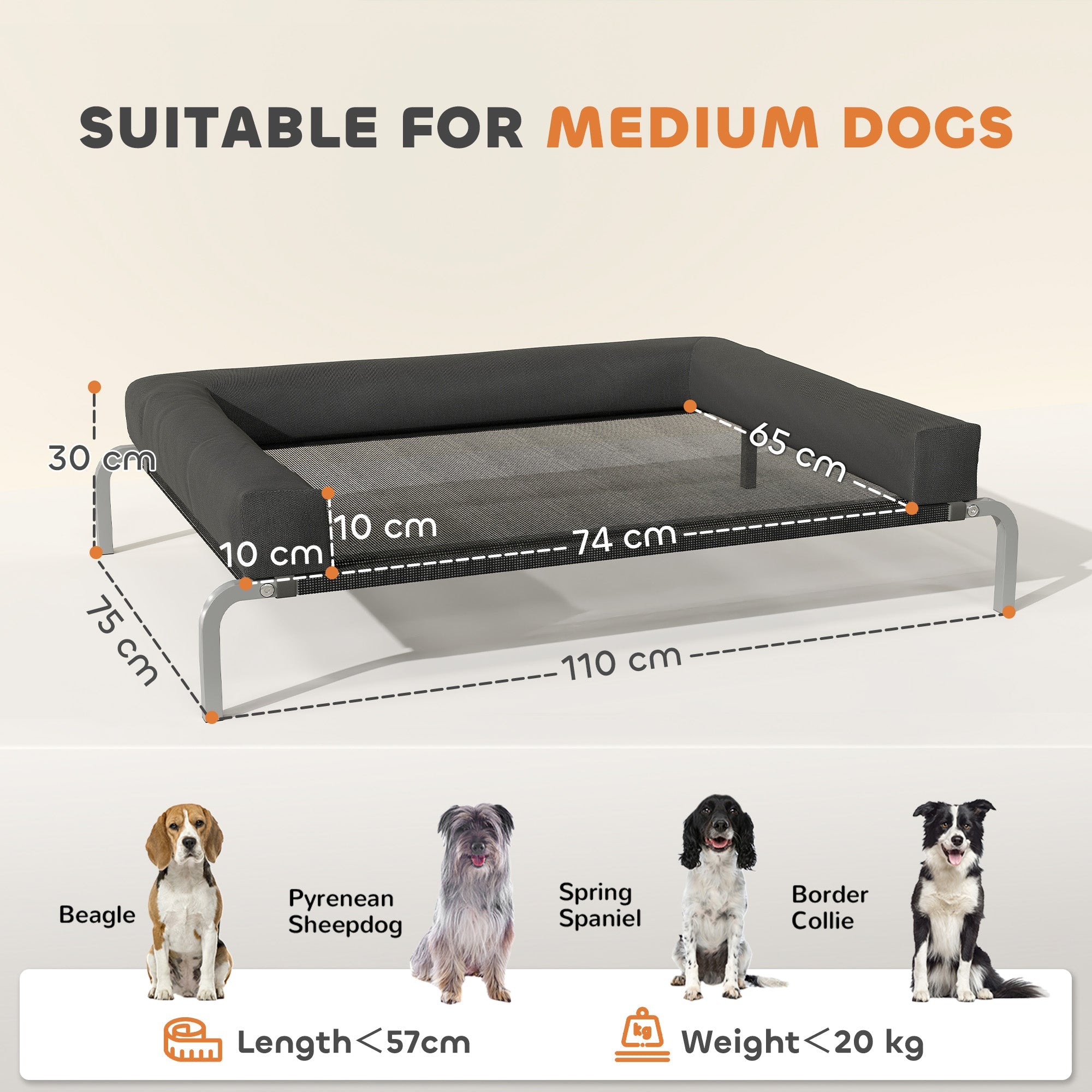 Black cushioned elevated dog bed with mesh interior and silver metal frame by pawhut for medium dogs indoor outdoor