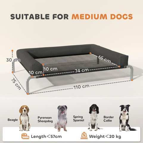 Black cushioned elevated dog bed with mesh interior and silver metal frame by pawhut for medium dogs indoor outdoor
