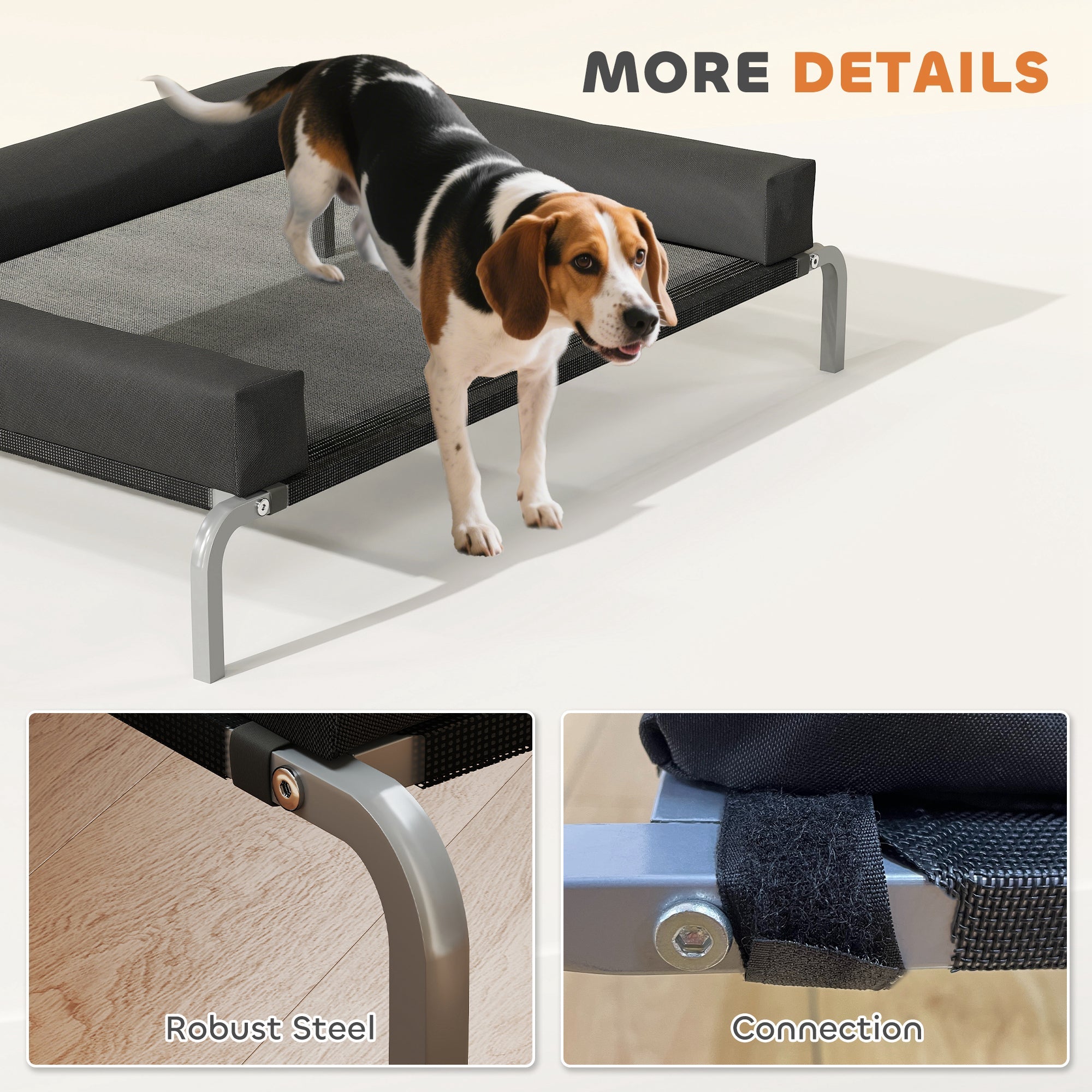 Black mesh pawhut elevated dog bed with padded armrests and steel legs for indoor and outdoor use
