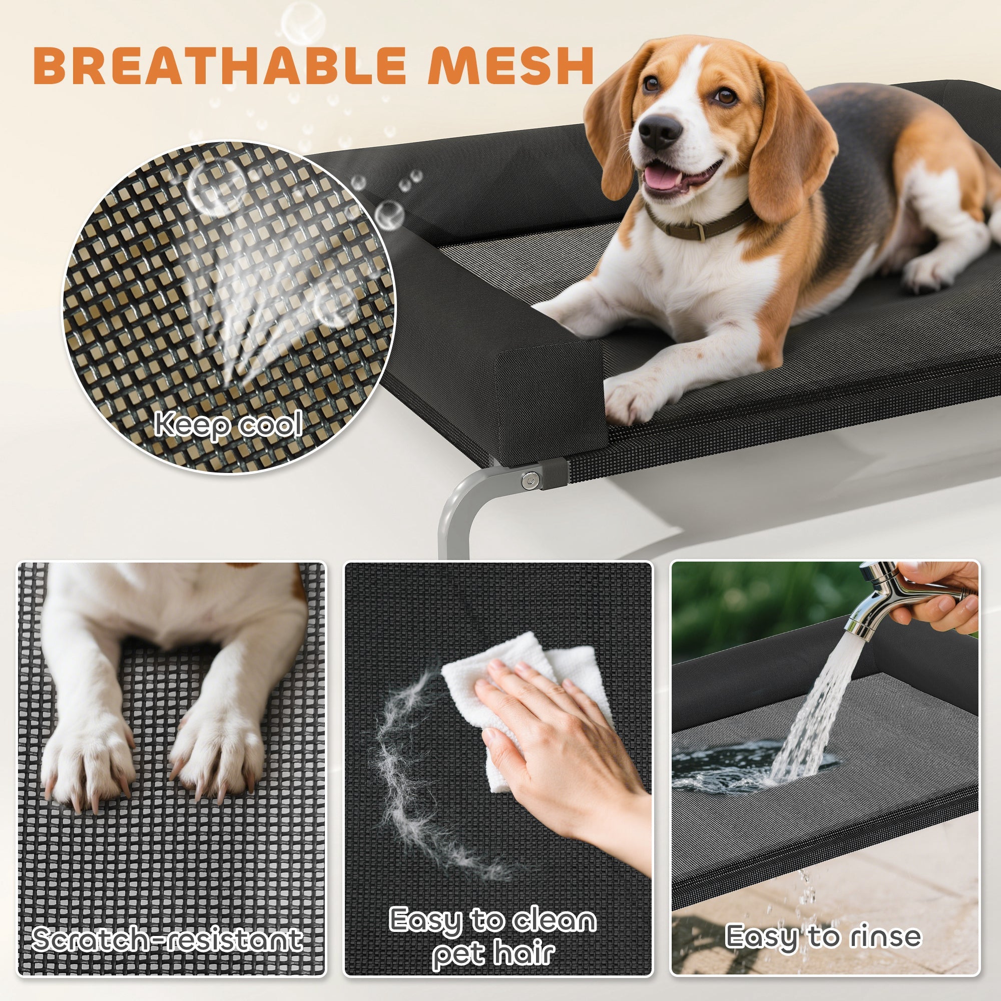 Black breathable mesh elevated dog bed with removable bolsters featuring a beagle resting on it by PawHut