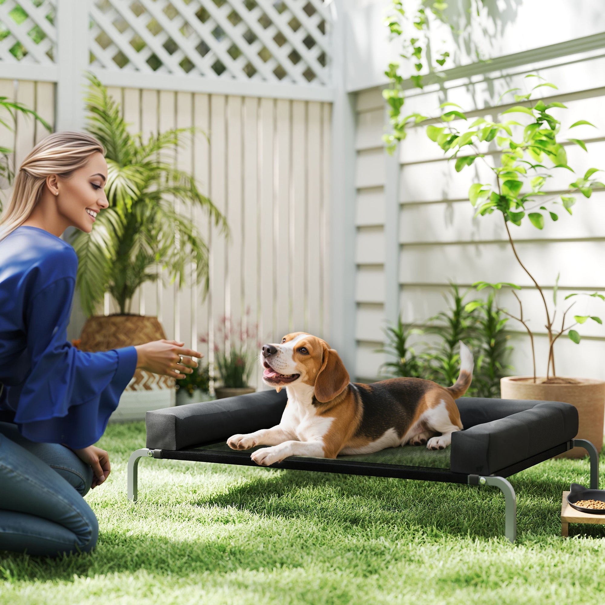 Black cushioned pawhut elevated dog bed with metal frame removable bolsters for medium breeds indoor outdoor use