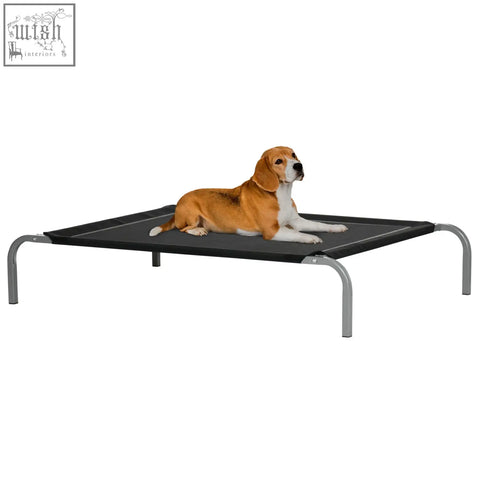 Black mesh dog bed with silver steel frame featuring breathable mesh fabric for large medium dogs pawhut elevated cot style