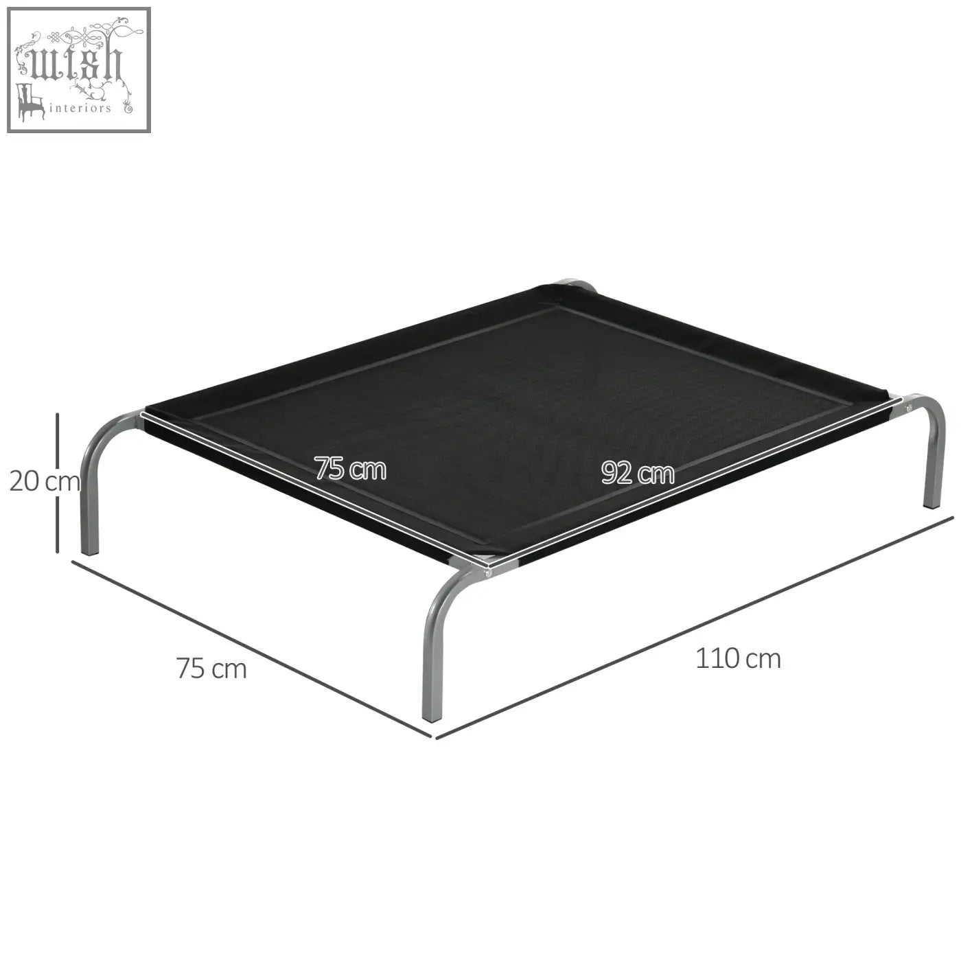Black pawhut elevated pet bed with silver steel frame and breathable mesh fabric shown with size dimensions labeled