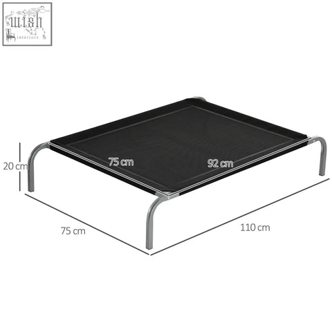 Black pawhut elevated pet bed with silver steel frame and breathable mesh fabric shown with size dimensions labeled
