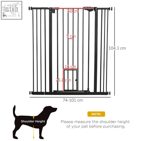Black metal pawhut extra tall pet gate with cat door and 25.8 cm opening fits 74 to 101cm wide spaces