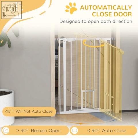 White pawhut extra tall pet gate with cat door and adjusting screws fits 74 to 80cm wide openings
