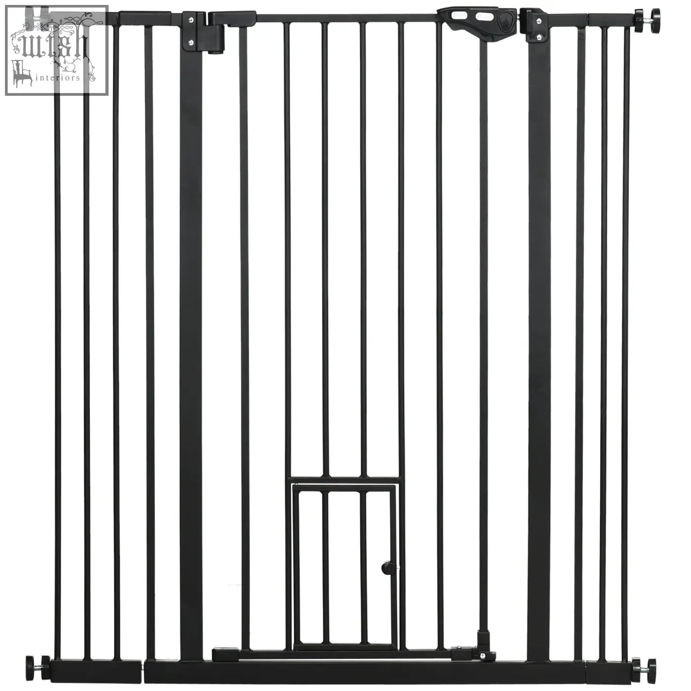 Black metal extra tall pawhut pet safety gate with vertical bars cat door and fits 74 to 101cm wide openings