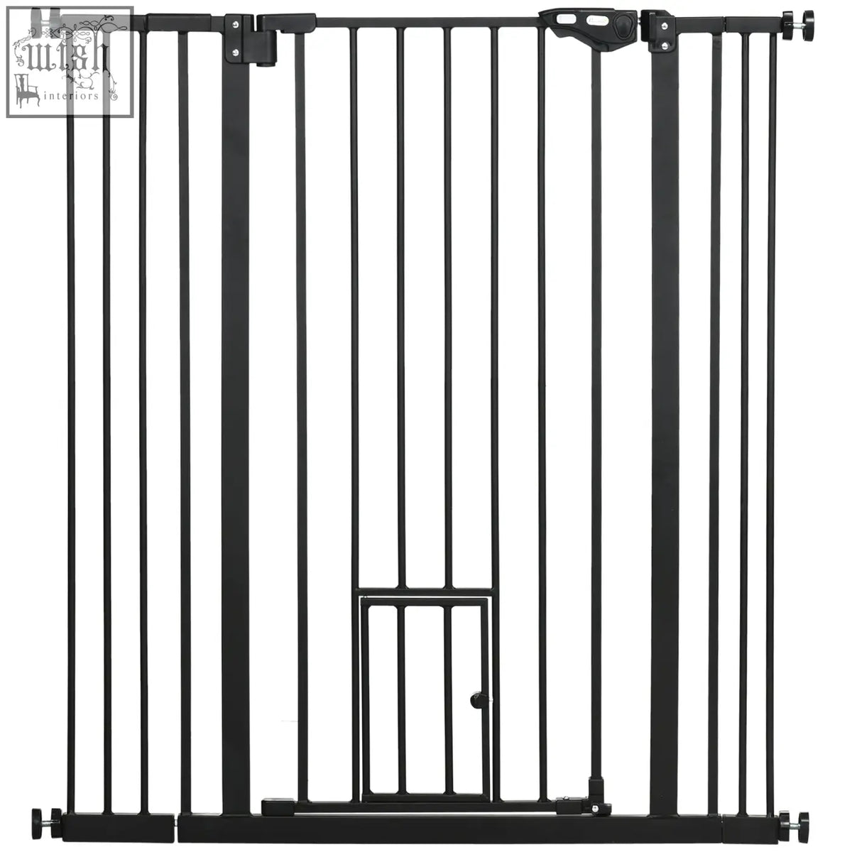 Black metal extra tall pawhut pet safety gate with vertical bars cat door and fits 74 to 101cm wide openings