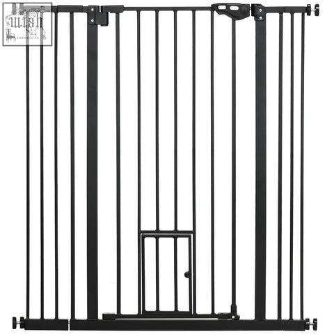 Black metal extra tall pawhut pet safety gate with vertical bars cat door and fits 74 to 101cm wide openings