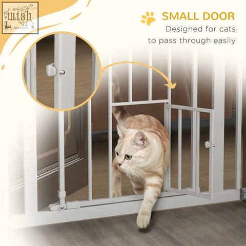White metal pawhut pet gate with cat door and adjusting screws fits 74 to 80cm wide doorways for indoor use
