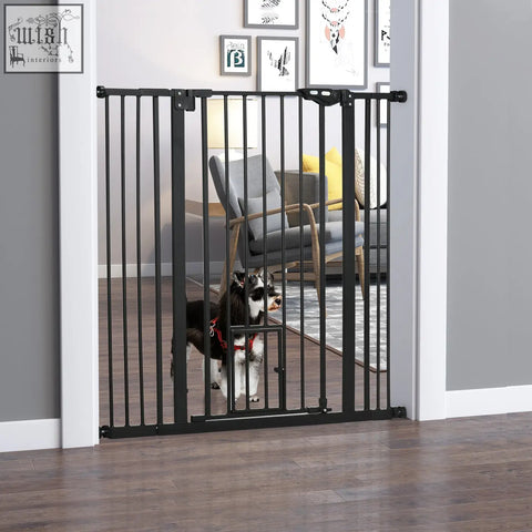Black metal pawhut extra tall pet gate with vertical bars and cat door fits 74 to 101cm wide openings
