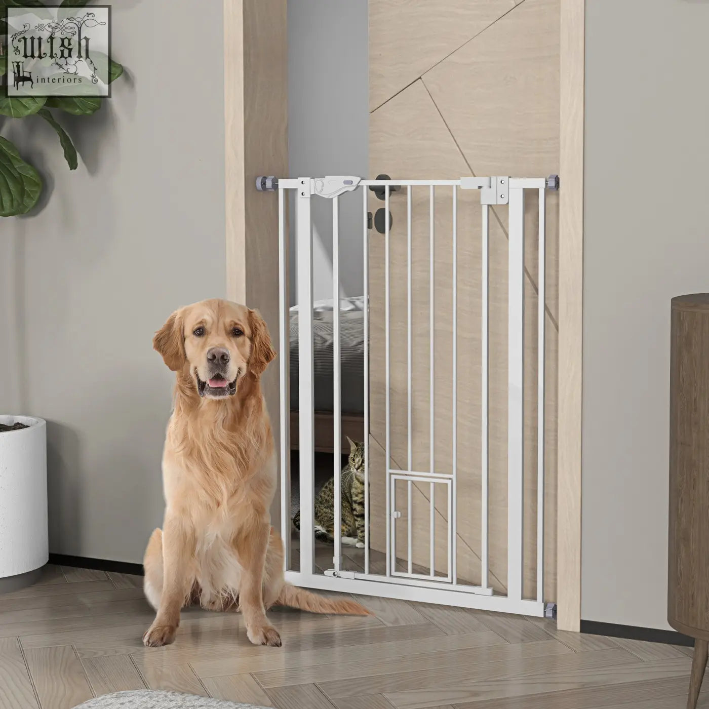 White metal pawhut pet gate with cat door, adjusting screws, and fitting 74 to 80cm wide openings for indoor use