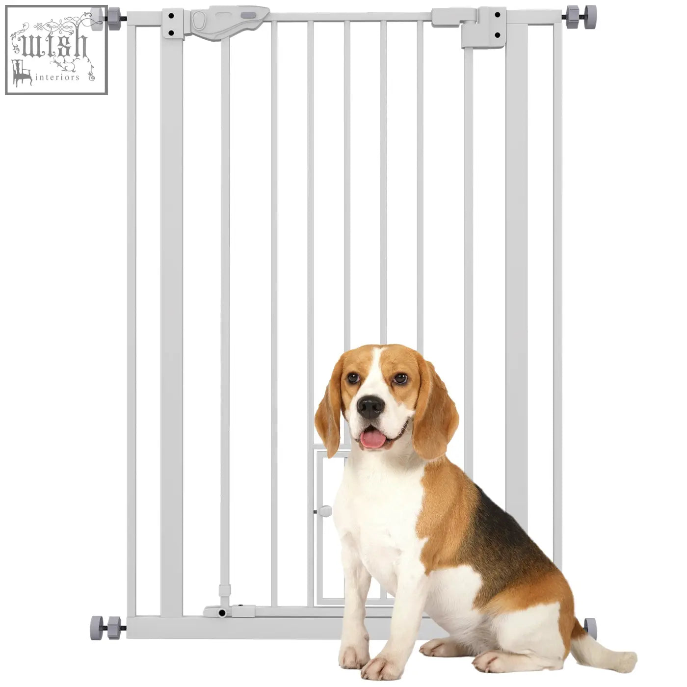 White metal pawhut pet gate with cat door and adjusting screws for easy fit on an 80cm wide space