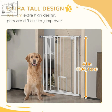 White extra tall pawhut pet gate with cat door metal bars adjusting screws fits 80cm wide openings