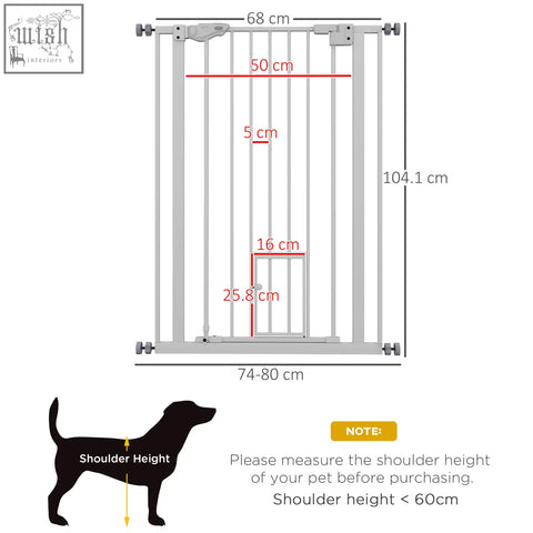 Silver metal pawhut extra tall pet gate with cat door and adjusting screws fits 74 to 80cm wide openings