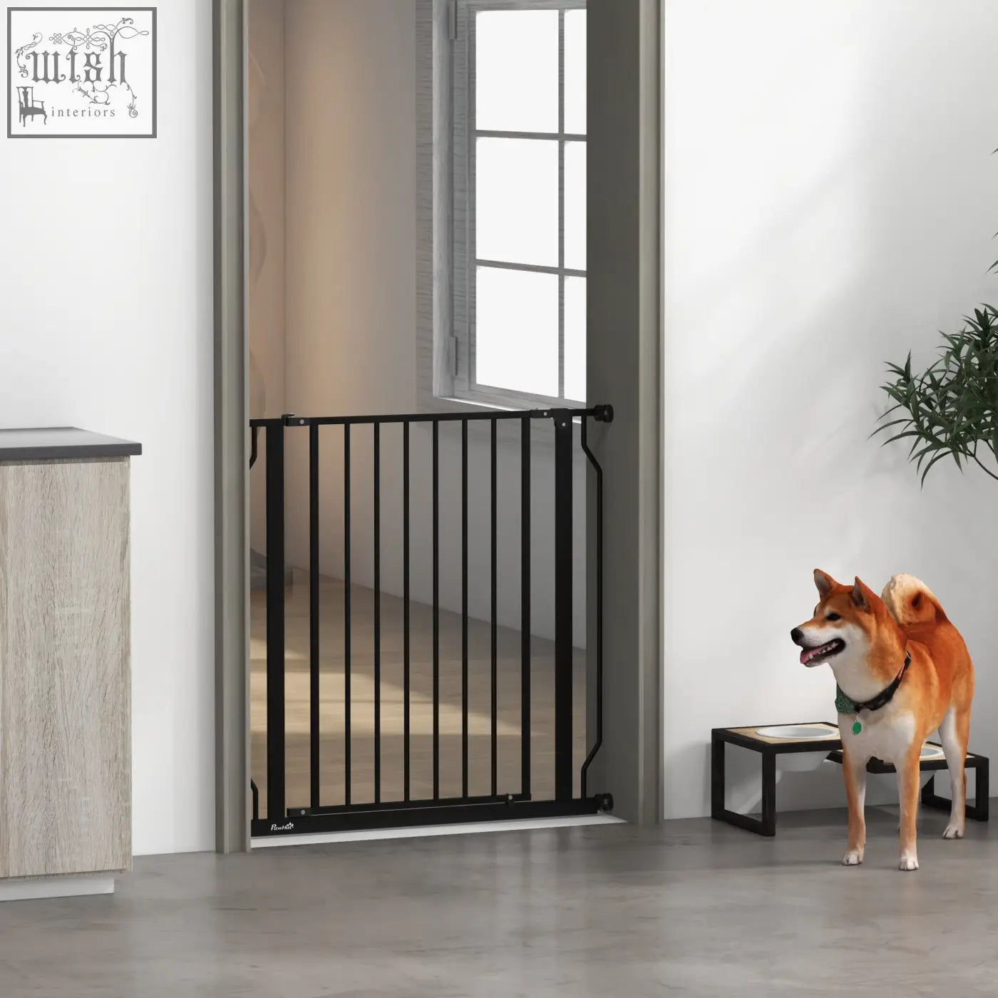 Pawhut black metal safety gate with vertical bars and adjustable width for doorways hallways and staircases