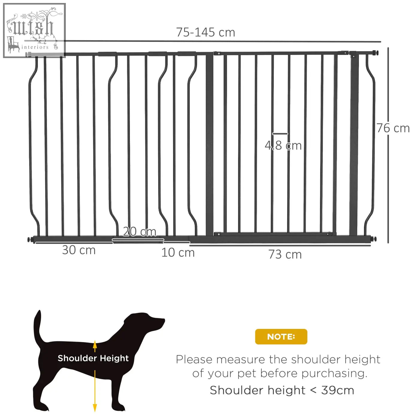 Black metal pawhut extra wide safety gate with adjustable width 75-145 cm and height 76 cm for doors and stairs