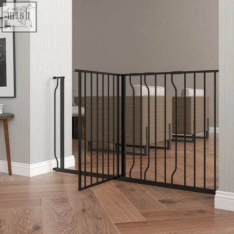 Black metal safety gate with curved bars and adjustable width by pawhut extra wide for doorways and staircases