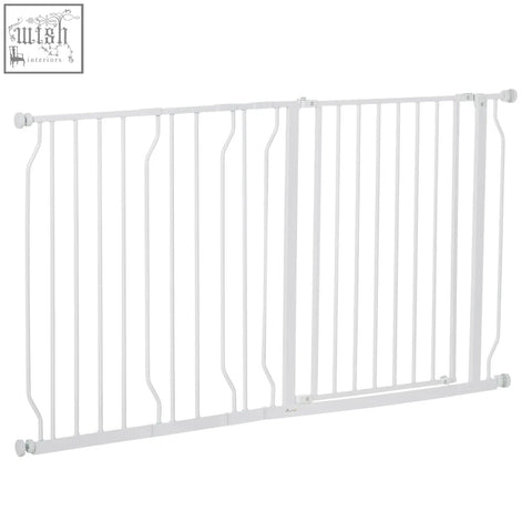 White metal pawhut extra wide safety gate with vertical bars and central hinge adjustable width for doorways