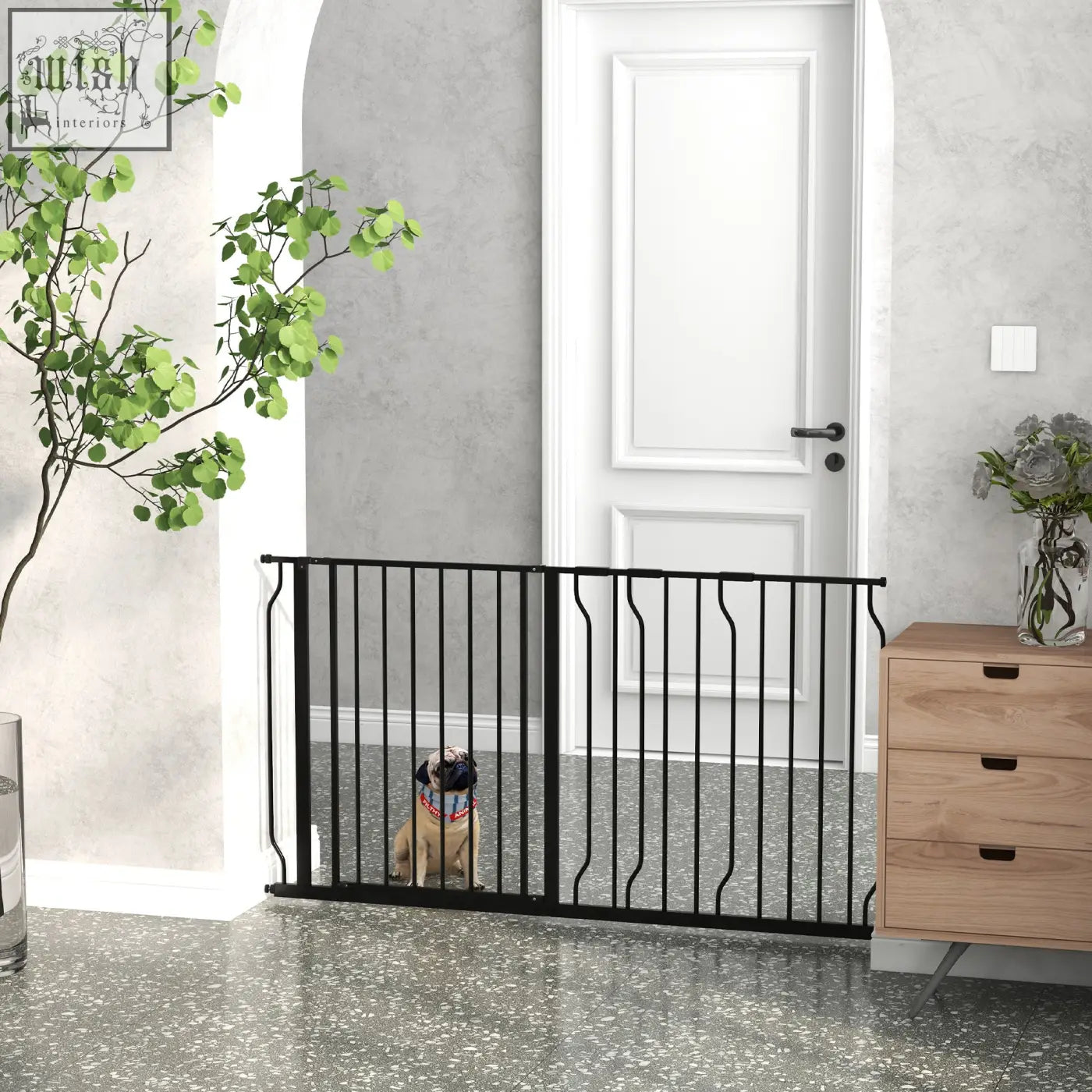 Black metal safety gate with vertical bars and curved ends pawhut extra wide adjustable width for doorways and stairs