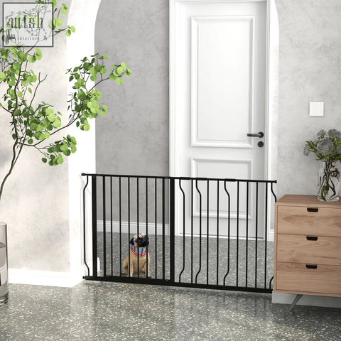 Black metal safety gate with vertical bars and curved ends pawhut extra wide adjustable width for doorways and stairs