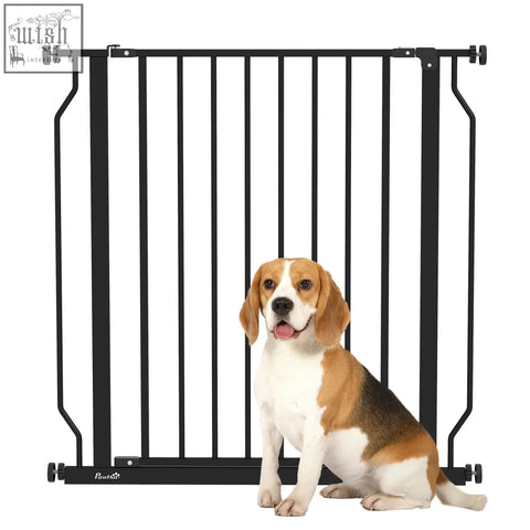 Black metal safety gate with vertical bars and adjustable width wheels for doorways and staircases by PawHut