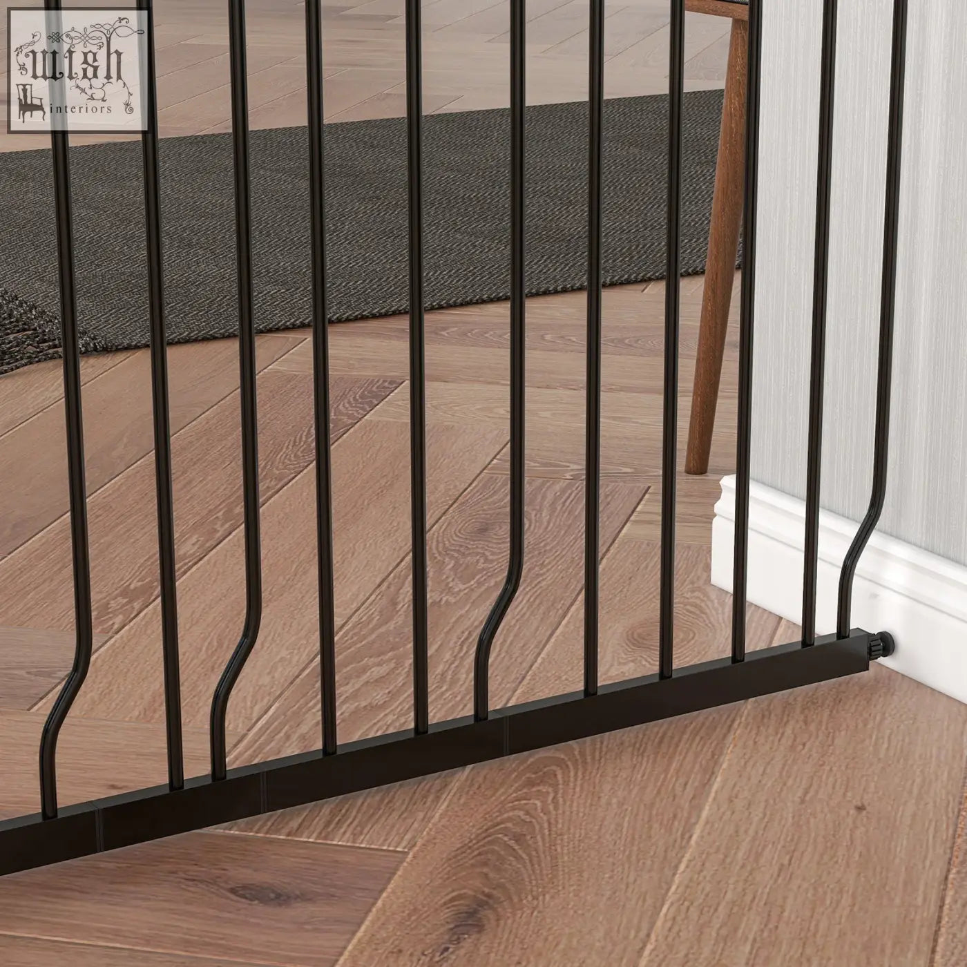 Black metal pawhut extra wide safety gate with adjustable width and curved vertical bars for doorways and staircases