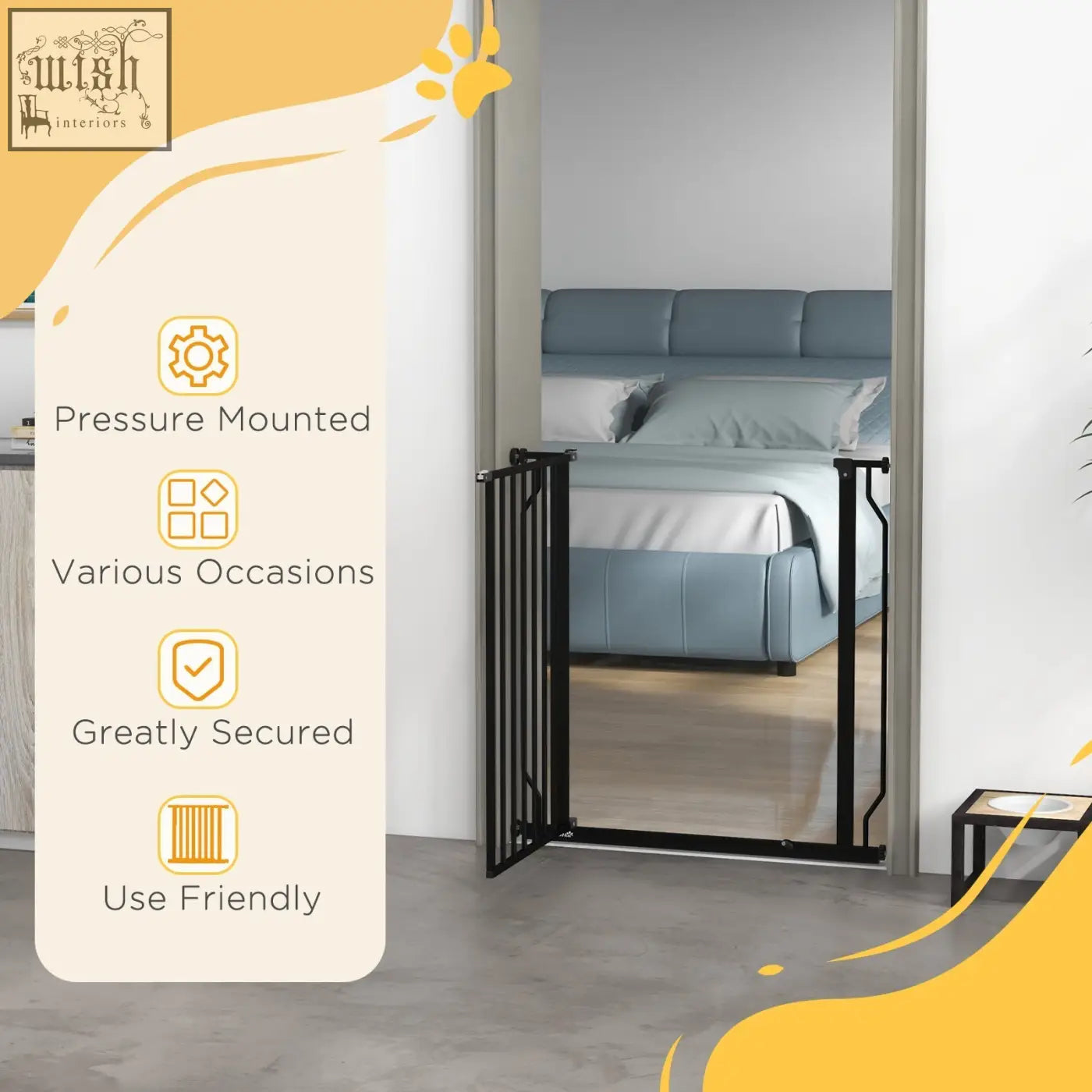 Black metal PawHut safety gate with vertical bars and adjustable width pressure-mounted design for doorways and stairs