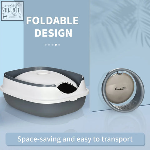 White and gray foldable pawhut cat litter box with circular perforated metal lid and sand leak pedal for easy cleaning